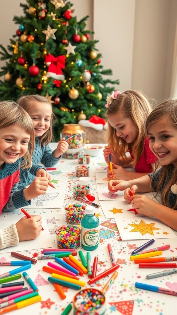 Children creating Christmas cards with colorful craft supplies on a table, surrounded by a festive setting.